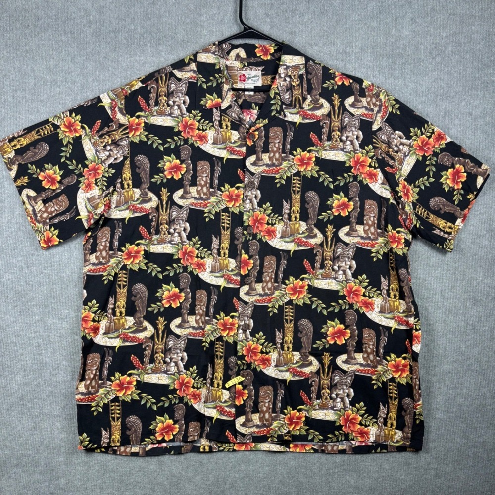 Hilo Hattie Hawaiian‎ Original Tiki Hibiscus Print Shirt 3X Black Short Sleeve